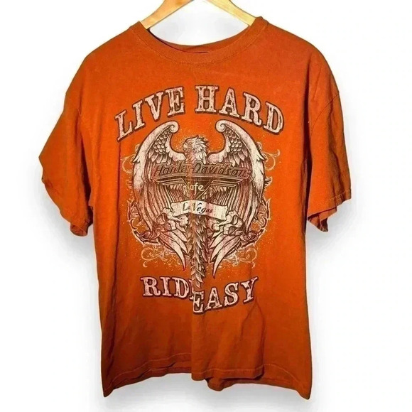 Harley-Davidson Cafe Live Hard Ride Easy Mens Graphic T-Shirt Orange Cotton XL - Picture 1 of 8